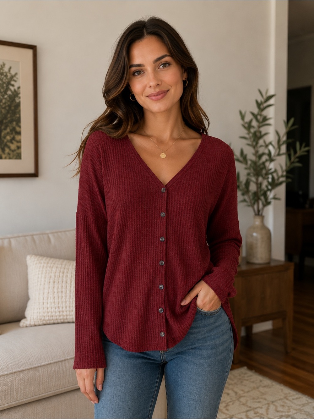 Urban Outfitters Burgundy Button-Front Waffle Knit Top M